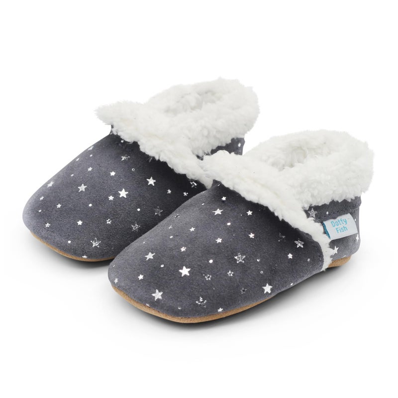 Dotty Fish Toddler Suede Slippers. Silver Stars. 18-24 Months - Image 1